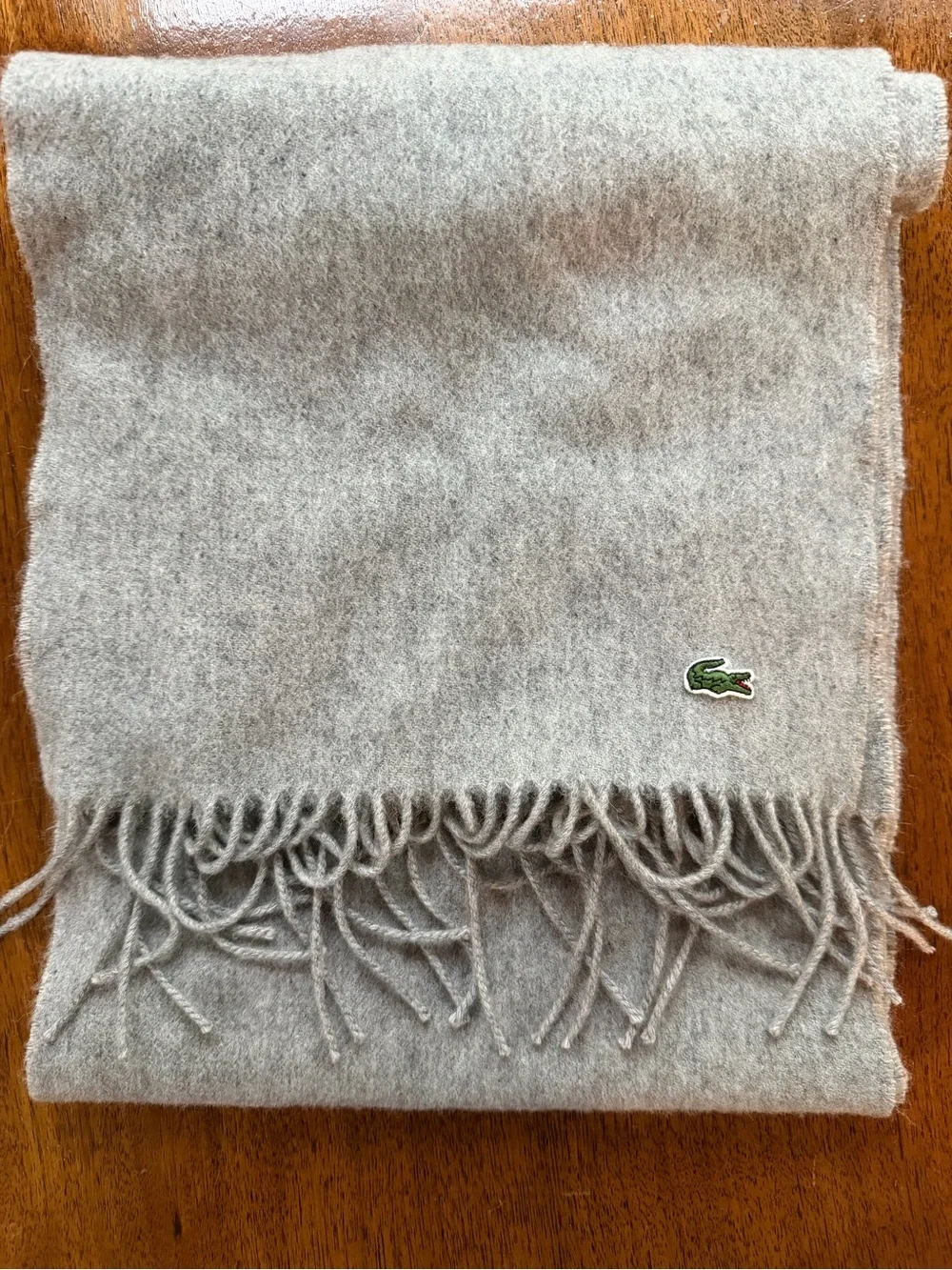NWOT Lacoste Light Gray Fringed Wool Scarf with Green Crocodile Logo
